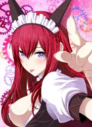 Rule 34 | 1girl, :p, alternate costume, animal ears, bad id, bad twitter id, blue eyes, blush, breasts, breasts out, enmaided, fake animal ears, fingernails, gears, hair between eyes, highres, large breasts, long hair, looking at viewer, maid, maid headdress, makise kurisu, nipples, open clothes, perky breasts, puffy short sleeves, puffy sleeves, red hair, short sleeves, shoumaru (gadget box), solo, steins;gate, tongue, tongue out, upper body