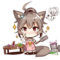 Rule 34 | 1girl, animal ears, apron, bad food, barefoot, blush, breasts, brown hair, censored, chibi, closed mouth, fox ears, fox girl, fox print, fox tail, hair between eyes, high ponytail, holding, holding knife, kitchen knife, knife, long sleeves, looking at viewer, medium breasts, mosaic censoring, multiple views, original, pink apron, pleated skirt, pocket, ponytail, pot, print apron, red eyes, shirt, short hair, skirt, sparkle, spatula, standing, table, tail, white background, white shirt, white skirt, yuuji (yukimimi)