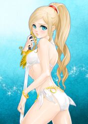 Rule 34 | 1girl, anlucea, bangle, bare shoulders, bikini, blonde hair, blue eyes, bracelet, breasts, closed mouth, commentary request, cowboy shot, dragon quest, dragon quest x, earrings, from side, front-tie bikini top, front-tie top, halterneck, high ponytail, holding, holding sword, holding weapon, hoop earrings, jewelry, kosuga kumi, light blush, lips, long hair, looking at viewer, looking to the side, medium breasts, mole, mole under mouth, pink lips, side-tie bikini bottom, solo, sparkle, stomach, swept bangs, swimsuit, sword, weapon, white bikini