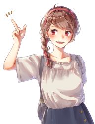 Rule 34 | 1girl, ahoge, arm behind back, bag, blue skirt, blush, braid, brown hair, buttons, commentary request, denim, denim skirt, gesture, grin, hair ribbon, hairband, hami yura, handbag, highres, index finger raised, long hair, looking to the side, open mouth, original, pink eyes, pointing, pointing up, red eyes, red hairband, red ribbon, ribbon, shirt, short sleeves, side braid, simple background, single braid, skirt, smile, solo, swept bangs, teeth, upper body, white background, white shirt