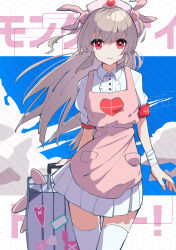 Rule 34 | &gt; &lt;, 1girl, absurdres, apron, bandaged wrist, bandages, blue sky, center frills, closed mouth, cloud, collared dress, commentary request, cowboy shot, dress, frills, hair ornament, hat, heart, heart print, highres, holding, holding suitcase, light brown hair, long hair, looking at viewer, natori sana, nurse cap, pink apron, pink hat, puffy short sleeves, puffy sleeves, rabbit hair ornament, red eyes, rolling suitcase, sana channel, short sleeves, sky, smile, solo, song name, standing, suitcase, thighhighs, two side up, violet (flower violet22), virtual youtuber, white dress, white thighhighs