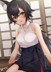 Rule 34 | 1girl, animal ear fluff, animal ears, black hair, blush, bow, collarbone, commentary request, fingernails, flipped hair, hair between eyes, hair ornament, hairclip, highres, hololive, izumi kei, jewelry, lap pillow invitation, long fingernails, long hair, looking at viewer, multicolored hair, necklace, official alternate costume, ookami mio, ookami mio (street), open mouth, ponytail, red hair, shirt, shirt tucked in, sidelocks, signature, sitting, skirt, sleeveless, smile, solo, streaked hair, tail, tail around own leg, tail wrap, very long hair, virtual youtuber, wolf ears, wolf girl, wolf tail, yellow eyes