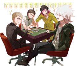 4boys :d ^^^ absurdres black_hat black_jacket black_pants blonde_hair brown_hair chair closed_eyes collared_shirt danganronpa_(series) danganronpa_2:_goodbye_despair formal fug_uai green_jacket grey_hair hat highres hinata_hajime jacket jumpsuit komaeda_nagito kuzuryu_fuyuhiko looking_at_another medium_hair multiple_boys notice_lines open_mouth pants pink_hair print_shirt riichi_city sharp_teeth shirt short_hair sitting smile soda_kazuichi squiggle striped_clothes striped_jacket striped_pants sweat table teeth white_shirt yellow_jumpsuit