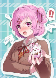 Rule 34 | !, 1girl, absurdres, angry, animal-themed food, aqua background, arm under breasts, blazer, blush, bob cut, bow, bowtie, breasts, brown jacket, brown sweater vest, collared shirt, commentary, cropped torso, cupcake, doki doki literature club, dress shirt, embarrassed, english commentary, fang, flying sweatdrops, food, hair ornament, hair ribbon, highres, incoming food, jacket, looking at viewer, name tag, natsuki (doki doki literature club), neck ribbon, nose blush, outline, pink eyes, pink hair, plaid, plaid background, reaching, reaching towards viewer, red bow, red bowtie, red ribbon, ribbon, school uniform, shirt, short hair, small breasts, speech bubble, spoken exclamation mark, sweat, sweater vest, swept bangs, tsundere, two side up, upper body, v-shaped eyebrows, white outline, white shirt, x hair ornament, xantam0129