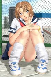 Rule 34 | 1girl, :d, blue eyes, blurry, blush, bracelet, building, chain-link fence, cityscape, cloud, day, depth of field, earrings, eyelashes, fat mons, fence, game cg, head tilt, highres, hugging own legs, jewelry, kneehighs, knees to chest, legs, lipstick, looking at viewer, loose socks, makeup, mifune seren, miniskirt, open mouth, outdoors, own hands clasped, own hands together, panties, pantyshot, parted bangs, pleated skirt, rooftop, school uniform, serafuku, shadow, shoes, short hair, sister mermaid, sitting, skirt, sky, smile, sneakers, socks, solo, striped clothes, striped panties, tsukasa jun, underwear, upskirt, white socks, yellow panties