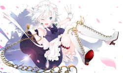 Rule 34 | 1girl, apron, ascot, bad id, bad pixiv id, between fingers, blue dress, blue eyes, boots, chain, cross-laced footwear, dress, gloves, high heel boots, high heels, holding, holster, izayoi sakuya, knee boots, knife, lace-up boots, looking at viewer, maid, maid apron, maid headdress, one eye closed, open mouth, over-kneehighs, petals, pocket watch, silver hair, smile, solo, thigh holster, thighhighs, thighs, throwing knife, touhou, waist apron, watch, weapon, white footwear, white gloves, white thighhighs, yamada ranga