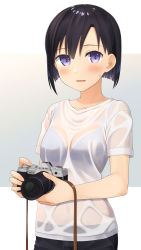 Rule 34 | 1girl, absurdres, apollo (hu maple), black hair, blue bra, blush, bra, breasts, camera, cleavage, commentary request, cowboy shot, gradient background, highres, holding, holding camera, looking at viewer, original, parted lips, purple eyes, see-through, shirt, short hair, short sleeves, small breasts, smile, solo, sweat, underwear, wet, wet clothes, wet shirt, white shirt