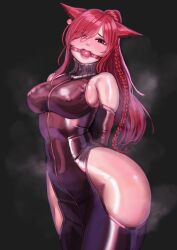 Rule 34 | 1girl, absurdres, animal ear fluff, animal ears, arms behind back, ball gag, bdsm, bondage, bound, breasts, collar, commission, covered erect nipples, curvy, elbow gloves, final fantasy, final fantasy xiv, gag, gloves, highres, kilye kairi, large breasts, long hair, looking at viewer, miqo&#039;te, red eyes, red hair, skeb commission, skin tight, skindentation, slave, solo, thick thighs, thighs, wide hips