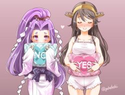 Rule 34 | 10s, 2girls, alternate costume, artist name, bare shoulders, blush, breasts, brown hair, closed eyes, covering own mouth, eyebrows, hair intakes, hair ornament, hair ribbon, hairband, hairclip, haruna (kancolle), hatsuharu (kancolle), headgear, heart, height difference, hikimayu, japanese clothes, jewelry, kantai collection, kimono, long hair, looking at viewer, multiple girls, no, nose blush, pillow, ponytail, purple background, purple eyes, purple hair, purple theme, ribbon, ring, shide, short eyebrows, sleeves past wrists, smile, sogabe toshinori, sweatdrop, twitter username, very long hair, wedding band, yes, yes-no pillow