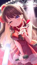 Rule 34 | 1girl, :o, bead necklace, beads, blowing kiss, blush, bow, breasts, brown hair, cleavage, collarbone, commentary, cowboy shot, do! do! do! (love live!), dress, fujishima megumi, fur-trimmed dress, fur trim, glowstick, hair bow, heart, highres, hiyori (20hiyori727), holding, holding microphone, jewelry, large breasts, leaning forward, link! like! love live!, long hair, looking at viewer, love live!, microphone, necklace, penlight (glowstick), pov, purple eyes, red bow, red dress, red thighhighs, see-through, see-through cleavage, sleeveless, sleeveless dress, solo, spots, stage lights, thighhighs, two side up, virtual youtuber, zettai ryouiki