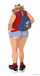 Rule 34 | 1boy, ass, backpack, bag, bald, black footwear, denim, denim shorts, dr. eggman, facial hair, full body, goggles, goggles on head, grin, highres, looking at viewer, looking back, male focus, micro shorts, mustache, nike (company), plump, red shirt, red socks, round eyewear, shirt, shoes, shorts, sleeveless, smile, sneakers, socks, solo, sonic (series), sonic the hedgehog, sunglasses, teeth, tinted eyewear, totesfleisch8