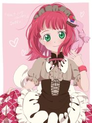 Rule 34 | 1girl, apron, border, bow, closed mouth, dress shirt, green eyes, grey shirt, hair bow, heart, long hair, looking at viewer, maid headdress, outside border, pink background, pink bow, pink hair, pochi-a, rubia natwick, shirt, short sleeves, skirt hold, smile, solo, standing, tales of (series), tales of the tempest, white apron, white border, wrist cuffs