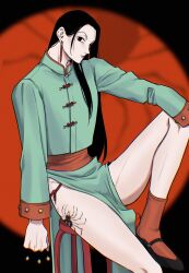 Rule 34 | 1boy, alternate costume, black eyes, black hair, chinese clothes, enyalee, expressionless, feet out of frame, highres, holding, holding needle, hunter x hunter, illumi zoldyck, long hair, looking at viewer, male focus, needle, pelvic curtain, solo, spider tattoo, tattoo, thighs