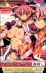 Rule 34 | 1girl, alma rouge, belt, blush, breasts, brown belt, card (medium), collar, electricity, fire, gloves, hassaku (rapidangel), hat, holding, jacket, large breasts, lasting anthem, long sleeves, looking at viewer, lowres, naked jacket, navel, nipples, open clothes, open jacket, open mouth, pink gloves, pink headwear, pink jacket, purple eyes, red background, red hair, short hair, standing, sword, weapon