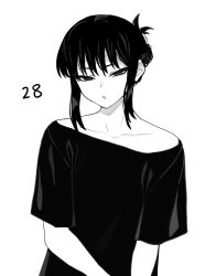 Rule 34 | 1boy, bare shoulders, black hair, character age, collarbone, expressionless, greyscale, highres, looking at viewer, medium hair, monochrome, original, shadow, short sleeves, simple background, solo, upper body, vulcan (ejel2000), white background