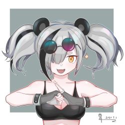 Rule 34 | 1girl, :d, animal ears, arknights, bare arms, bare shoulders, black hair, breasts, cleavage, collarbone, commentary request, dated, eyewear on head, fangs, feater (arknights), fingerless gloves, gloves, grey background, grey gloves, guyue, hair over one eye, highres, looking at viewer, medium breasts, multicolored hair, open mouth, palm-fist greeting, panda ears, short hair, silver hair, smile, solo, sparkle, sports bra, streaked hair, sunglasses, thick eyebrows, twintails, two-tone background, upper body, white background, yellow eyes