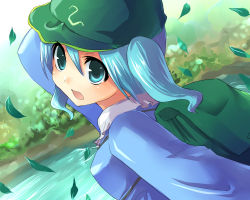 Rule 34 | 1girl, :o, backpack, bad id, bad pixiv id, bag, blue eyes, blue hair, blush, day, falling leaves, female focus, flat cap, from behind, hat, kawashiro nitori, kobanzame, leaf, looking at viewer, looking back, matching hair/eyes, open mouth, outdoors, randoseru, river, solo, touhou, twintails, water, wind