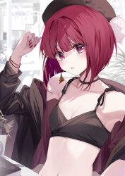 Rule 34 | 1girl, arima kana, belly, black jacket, black necktie, bob cut, bracelet, brown headwear, hat, highres, inverted bob, jacket, jewelry, light blush, looking at viewer, nail polish, navel, necklace, necktie, open mouth, oshi no ko, pola (1021), red eyes, red hair, red nails