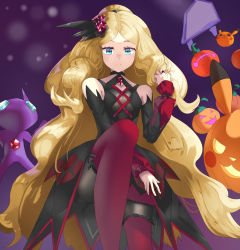 Rule 34 | 1girl, bare shoulders, black choker, black dress, black shorts, blonde hair, blue eyes, boots, caitlin (fall 2021) (pokemon), caitlin (pokemon), choker, closed mouth, commentary request, creatures (company), detached sleeves, dress, eyelashes, from below, game freak, gen 1 pokemon, gen 3 pokemon, hair ornament, hair tie, hand up, highres, jack-o&#039;-lantern, jewelry, long hair, long sleeves, looking at viewer, nintendo, official alternate costume, pikachu, pokemon, pokemon (creature), pokemon masters ex, red footwear, ring, sableye, shiny clothes, shirogane (shirogane eishi), shorts, shorts under dress, split mouth, themed object, thigh boots, thighhighs, very long hair