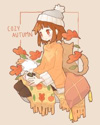 Rule 34 | 1girl, animal, autumn, autumn leaves, beanie, beige background, black pants, blanket, blunt bangs, blush, bob cut, brown hair, closed mouth, coffee mug, cup, cushion, drink, english text, fringe trim, from side, full body, grey hat, hands on lap, hat, highres, holding, holding cup, holding drink, leaf, leaf print, light smile, limited palette, long sleeves, looking away, melanbread, mug, no nose, no pupils, orange sweater, original, outside border, pants, pom pom (clothes), red eyes, seiza, short hair, simple background, sitting, sleeve cuffs, solo, steam, sweater, tareme, tassel, turtleneck, turtleneck sweater, wide sleeves