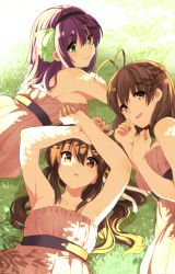 Rule 34 | 00s, 10s, 3girls, :d, angel beats!, antenna hair, armpits, bare shoulders, brown dress, brown eyes, brown hair, clannad, collarbone, company connection, crossover, dress, furukawa nagisa, grass, green eyes, hairband, key (company), little busters!, long hair, looking at viewer, lying, multiple crossover, multiple girls, natsume rin, on stomach, open mouth, short hair, smile, takumi (scya), nakamura yuri