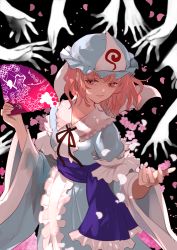 Rule 34 | 1girl, black background, blue hat, blue kimono, cherry blossoms, commentary request, flower, frilled kimono, frills, hand fan, hat, holding, holding fan, japanese clothes, kerok (joniko1110), kimono, long sleeves, medium hair, mob cap, petals, pink eyes, pink hair, saigyouji yuyuko, saigyouji yuyuko&#039;s fan design, simple background, solo, touhou, triangular headpiece, upper body, wide sleeves