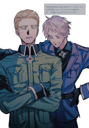 Rule 34 | 2boys, arm on another&#039;s shoulder, axis powers hetalia, belt, black belt, black gloves, black shirt, blonde hair, breast pocket, collared jacket, collared shirt, cross, crossed arms, germany (hetalia), gloves, greek cross, green jacket, grey eyes, grey hair, half-closed eyes, hand on another&#039;s shoulder, hand on own hip, highres, iron cross, jacket, lapels, long sleeves, looking at another, male focus, military uniform, multiple boys, naotin3333, open mouth, parted lips, pocket, prussia (hetalia), purple eyes, purple jacket, request inset, shirt, short hair, sideways glance, simple background, sweatdrop, translation request, unfinished, uniform, upper body, white background