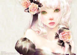 Rule 34 | 1girl, breasts, cleavage, dress, enta shiho, face, flower, green eyes, lips, original, pink lips, pink rose, realistic, rose, solo, watermark, white hair