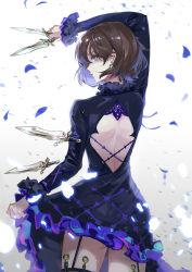 1girl, arm up, ass, back, backless dress, backless outfit, black dress, brown hair, character request, counter side, cowboy shot, dagger, dress, earrings, from behind, garter straps, green eyes, highres, holding, holding dagger, holding weapon, jewelry, knife, long sleeves, looking back, petals, profile, short hair, skirt hold, solo, vardan, weapon