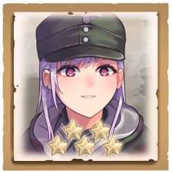 Rule 34 | 1girl, camouflage, coat, company of heroes, earrings, german army, green hat, grin, hat, jaeger light infantry (company of heroes), jewelry, long hair, looking at viewer, lowres, military, military coat, military hat, military uniform, original, purple eyes, purple hair, single earring, smile, solo, star (symbol), teeth, uniform, zhainan s-jun