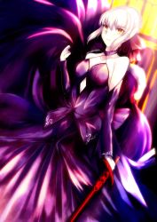 Rule 34 | 1girl, :|, artoria pendragon (fate), bare shoulders, blonde hair, breasts, cape, cleavage, closed mouth, clothing cutout, detached sleeves, dress, excalibur morgan (fate), fate/stay night, fate (series), fur-trimmed cape, fur trim, highres, medium breasts, navel cutout, otsunabe (naabe delta), saber (fate), saber alter, short hair, solo, yellow eyes