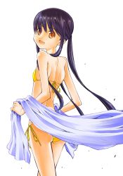 Rule 34 | 1girl, absurdres, ass, back, bikini, black hair, blue tongue, breasts, brown eyes, colored tongue, commentary request, cowboy shot, from behind, halterneck, highres, holding, holding towel, kusano kouichi, long hair, looking at viewer, looking back, open mouth, original, ponytail, side-tie bikini bottom, sidelocks, simple background, small breasts, smile, solo, standing, string bikini, swimsuit, towel, white background, wind, yellow bikini