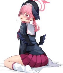 Rule 34 | 1girl, absurdres, black hat, black shirt, blue archive, blush, from behind, full body, halo, hat, head wings, highres, koharu (blue archive), long hair, looking at viewer, looking back, loose socks, miniskirt, no shoes, open mouth, pink eyes, pink hair, pleated skirt, purple skirt, ryou (ponpgo), sailor collar, shirt, simple background, sitting, skirt, socks, solo, wariza, white background, white socks, wings