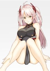 Rule 34 | 1girl, antenna hair, arm support, armpit cutout, ass, azur lane, bare arms, bare legs, blush, breasts, clothing cutout, cross, gradient background, hair between eyes, hand on ankle, headgear, highres, iron cross, knees up, large breasts, long hair, looking at viewer, mole, mole on breast, multicolored hair, nekkusu (nex 06), no legwear, parted lips, pelvic curtain, prinz eugen (azur lane), red hair, silver hair, simple background, sitting, solo, streaked hair, thighs, two side up, very long hair