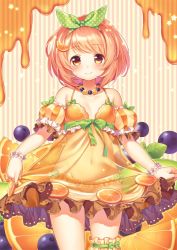 Rule 34 | 1girl, babydoll, blueberry, blush, bow, bridal garter, brown hair, closed mouth, collarbone, cowboy shot, dress, flat chest, flower, food, food-themed clothes, food-themed hair ornament, frills, fruit, green bow, hair bow, hair ornament, jewelry, looking at viewer, navel, necklace, no panties, orange (fruit), orange dress, orange hair ornament, orange slice, orange theme, original, polka dot, polka dot bow, puffy short sleeves, puffy sleeves, see-through, short hair, short sleeves, shouni (sato3), smile, solo, striped, thighlet, vertical stripes, yellow eyes