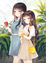 Rule 34 | 2girls, bad id, bad pixiv id, bag, blue dress, blue eyes, blush, breasts, brown dress, brown hair, brown scrunchie, closed mouth, commentary request, cup, disposable cup, dress, drink, drinking straw, gomzi, hair ornament, hairclip, holding, holding cup, long hair, looking at viewer, medium breasts, multiple girls, off-shoulder shirt, off shoulder, original, parted lips, plaid, plaid scrunchie, scrunchie, shirt, short sleeves, shoulder bag, signature, sleeveless, sleeveless dress, smile, very long hair, white shirt, wrist scrunchie