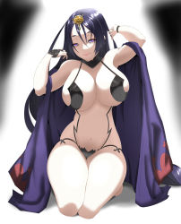 Rule 34 | 1girl, alternate costume, armpits, arms up, breasts, cleavage, cosplay, fate/grand order, fate (series), giruba, hair between eyes, highres, huge breasts, long hair, looking at viewer, minamoto no raikou (fate), navel, parted bangs, purple eyes, purple hair, revealing clothes, shuten douji (fate), sitting, solo, thighs, very long hair, wariza