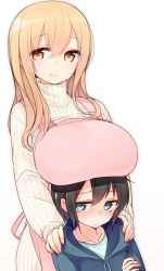 Rule 34 | 10s, 1boy, 1girl, age difference, apron, bad id, bad pixiv id, black hair, blonde hair, blush, breast rest, breasts, breasts on head, crossed arms, hands on another&#039;s shoulders, huge breasts, light smile, long hair, looking at viewer, multiple girls, nekoume, ribbed sweater, shiina aki, short hair, simple background, size difference, smile, sunohara ayaka, sunoharasou no kanrinin-san, sweater, turtleneck, white background