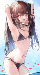 Rule 34 | 1girl, :d, absurdres, alternate costume, arched back, armpits, arms up, bikini, black bikini, breasts, brown hair, collarbone, falling petals, fang, flower-shaped pupils, genshin impact, highres, hu tao (genshin impact), lemontea (ekvr5838), long hair, looking at viewer, navel, open mouth, outdoors, partially submerged, petals, red eyes, skin fang, small breasts, smile, solo, swimsuit, symbol-shaped pupils, twintails, water, wet