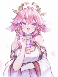 Rule 34 | 1girl, animal ears, bare shoulders, blush, breasts, commentary, detached sleeves, eyeshadow, fox ears, genshin impact, hair between eyes, hand up, highres, large breasts, laugh scorpion, long hair, long sleeves, looking at viewer, makeup, nontraditional miko, open mouth, pink hair, purple eyes, shirt, simple background, sleeveless, sleeveless shirt, smile, solo, upper body, white background, white shirt, wide sleeves, yae miko