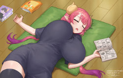 Rule 34 | 1girl, black shirt, black thighhighs, blunt bangs, book, breasts, chips (food), closed eyes, dragon girl, dragon horns, drooling, food, gradient hair, holding, holding book, horns, huge breasts, ilulu (maidragon), kobayashi-san chi no maidragon, light blush, long hair, low twintails, lying, manga (object), multicolored hair, nhaliz, no bra, on back, on floor, open mouth, patreon username, pink hair, pointy ears, potato chips, revision, shirt, short sleeves, shortstack, signature, sleeping, solo, thighhighs, thighs, twintails, unaligned breasts, watermark, web address, wooden floor