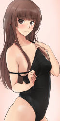Rule 34 | 1girl, absurdres, amagami, black one-piece swimsuit, blunt bangs, breasts, brown background, brown eyes, brown hair, clothes pull, competition swimsuit, cowboy shot, highres, kamizaki risa, long hair, one-piece swimsuit, one-piece swimsuit pull, simple background, small breasts, solo, standing, swimsuit, yoo tenchi