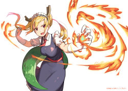 Rule 34 | &gt;:d, 10s, 1girl, :d, bad id, bad pixiv id, blonde hair, cloba, commentary request, dragon girl, dragon horns, dragon tail, elbow gloves, fang, fighting stance, fire, gloves, highres, horns, kobayashi-san chi no maidragon, large tail, looking at viewer, maid, necktie, open mouth, orange eyes, simple background, smile, solo, tail, tohru (maidragon), translated, twintails, v-shaped eyebrows, white background, white gloves