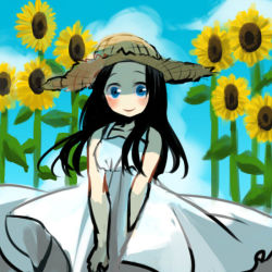 Rule 34 | 1girl, black hair, blue eyes, blush, coppelion, day, dress, flower, hat, ikarimame, long hair, looking at viewer, outdoors, ozu shion, sky, smile, solo, straw hat, sundress, sunflower, white dress