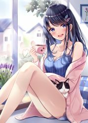 Rule 34 | 1girl, :d, animal, animal on lap, bare shoulders, black hair, blue camisole, blue eyes, blue shorts, blurry, blurry background, blush, breasts, camisole, cat, cleavage, collarbone, commentary request, cup, day, depth of field, feet out of frame, flower, hair ornament, hairclip, hand up, holding, holding cup, house, indoors, jacket, knees up, long hair, looking at viewer, medium breasts, off shoulder, on lap, open clothes, open jacket, open mouth, original, pillow, pink jacket, plaid, purple flower, sakura hiyori, short shorts, shorts, sitting, smile, solo, striped clothes, striped shorts, vertical-striped clothes, vertical-striped shorts
