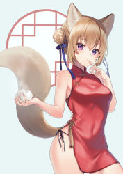 Rule 34 | 1girl, :t, animal ear fluff, animal ears, baozi, bare arms, bare shoulders, black panties, blue background, blue bow, blush, bow, braid, braided bun, breasts, brown hair, closed mouth, commentary request, covered navel, double bun, dress, eating, finger to mouth, food, fox ears, fox girl, fox tail, hair between eyes, hair bow, hair bun, hand up, holding, holding food, looking at viewer, midorikawa you, original, panties, purple eyes, red dress, round window, side-tie panties, sleeveless, sleeveless dress, small breasts, solo, steam, tail, underwear, window
