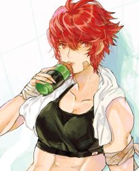 Rule 34 | 1girl, abs, bad id, bad twitter id, bandage on face, bandaged arm, bandaged hand, bandages, bottle, breasts, cleavage, collarbone, contemporary, drinking, fire emblem, fire emblem fates, hinoka (fire emblem), jyuv, nintendo, red eyes, red hair, short hair, sketch, small breasts, solo, sports bra, sweat, towel, towel around neck, upper body, water bottle