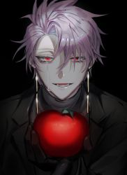 Rule 34 | 1boy, apple, black background, black gloves, black jacket, black sweater, commentary request, crying, crying with eyes open, dress, earrings, food, fruit, gloves, highres, holding, holding food, holding fruit, jacket, jewelry, korean commentary, long sleeves, male focus, mometsu 033, open clothes, open jacket, open mouth, purple dress, red eyes, saibou shinkyoku, sanpaku, short hair, simple background, solo, suit jacket, sweater, tears, theodore riddle, turtleneck, turtleneck sweater