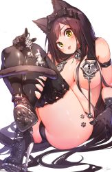 Rule 34 | 1girl, :p, animal ears, arm strap, bad id, bad pixiv id, bell, belt, bikini, black bow, black footwear, black gloves, black neckwear, black panties, black thighhighs, blush, bow, breasts, brown hair, cat ears, cat girl, cat tail, choker, cleavage, collar, crossed legs, gloves, green eyes, hair bow, high heels, highres, holding, holding key, index finger raised, jingle bell, key, keyhole, keyhole bra, large breasts, long hair, looking at viewer, neck bell, original, panties, paw print, paw shoes, paw tattoo, pulling another&#039;s clothes, revealing clothes, ryota (ry o ta), shoes, signature, simple background, sitting, slit pupils, solo, strap, strap gap, strap pull, swept bangs, swimsuit, tail, tattoo, thighhighs, tongue, tongue out, torn clothes, torn thighhighs, underwear, very long hair, white background, yellow eyes