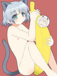 Rule 34 | 00s, 1girl, animal ears, banana, flat chest, food, fruit, green eyes, holding, holding food, holding fruit, kurappii, nude, sanya v. litvyak, short hair, silver hair, solo, strike witches, tail, world witches series